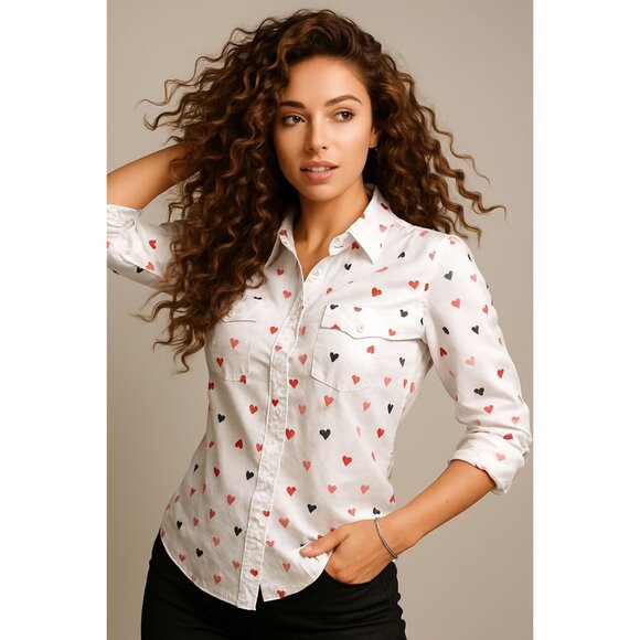 Christopher & Banks Petite Tops - Christopher & Banks Petite Medium White Button Up Shirt Pink Red Heart Print Top